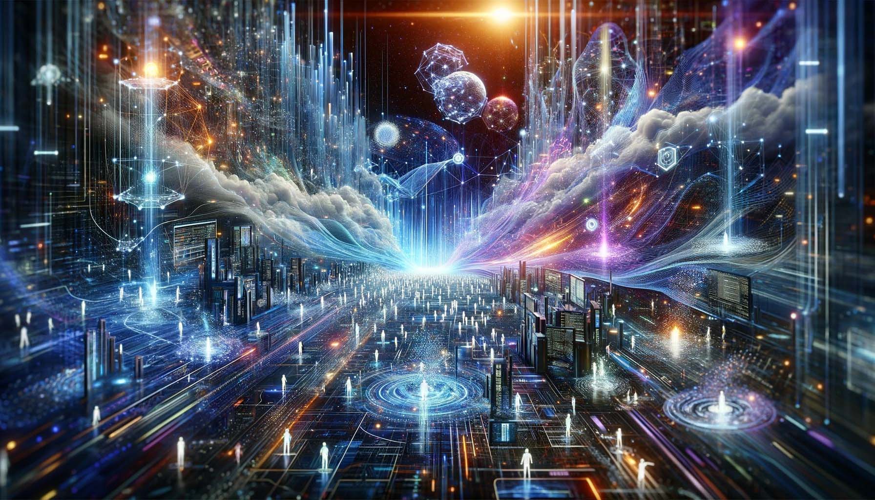 A luminous digital network stretching across a virtual city