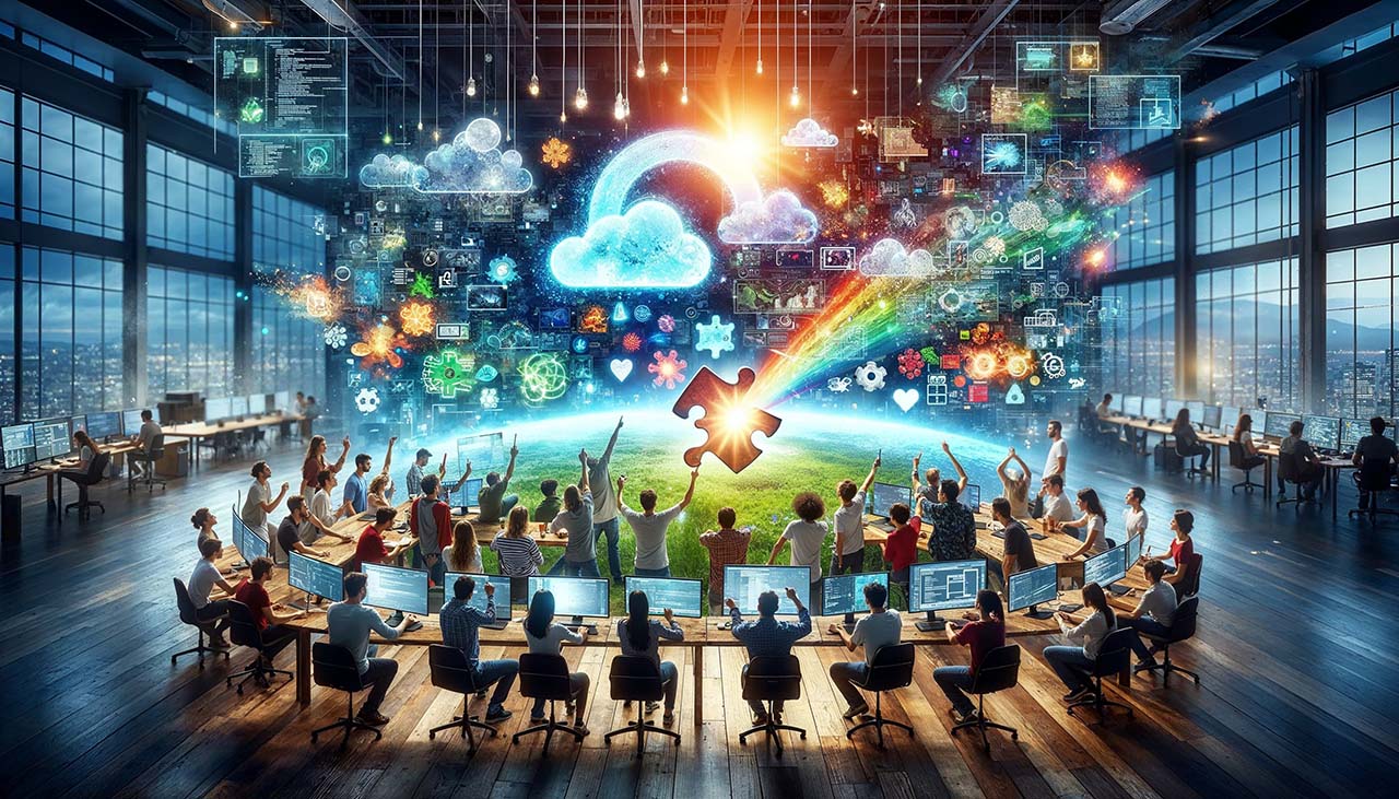 A creative team collaborating around a luminous puzzle piece and shared digital workspace